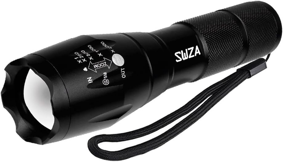 Tac Light SWZA Tactical Flashlight Brightest LED Flashlight Torch with 5 Modes Adjustable Focus Waterproof Military Grade Camping Flashlight (Black)