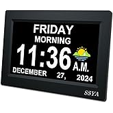 SSYA 7 Inch Day Clock - 12 Alarm Options, Level 5 Auto Dimmable Display,Extra Large Impaired Vision Digital Clock with Non-Ab