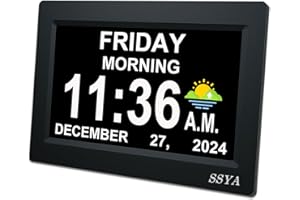 SSYA 7 Inch Calendar Clock - 12 Alarm Options, Level 5 Auto Dimmable Display,Extra Large Impaired Vision Digital Clock with Non-Abbreviated Day & Month (Black)