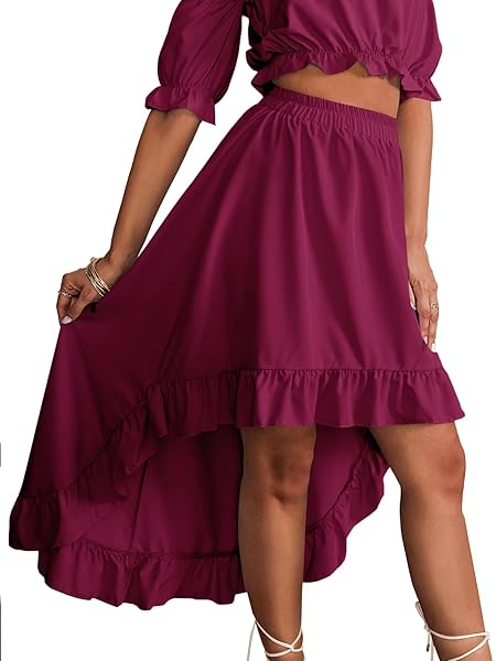 LYANER WOMEN’S TWO PIECE OUTFITS OFF SHOULDER CROP TOP AND HIGH LOW SKIRT SET CRANBERRY RED SMALL