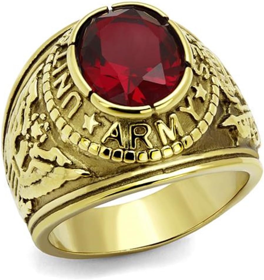 Men's Agnes Creations United States Army Signet Ring with Ruby Coloured Cubic Zirconia – Size: 60