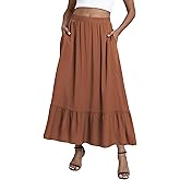 EXCHIC Women's Flowy Boho Maxi Skirt Elastic Waist A-Line Flared Ruffle Long Skirts with Pockets