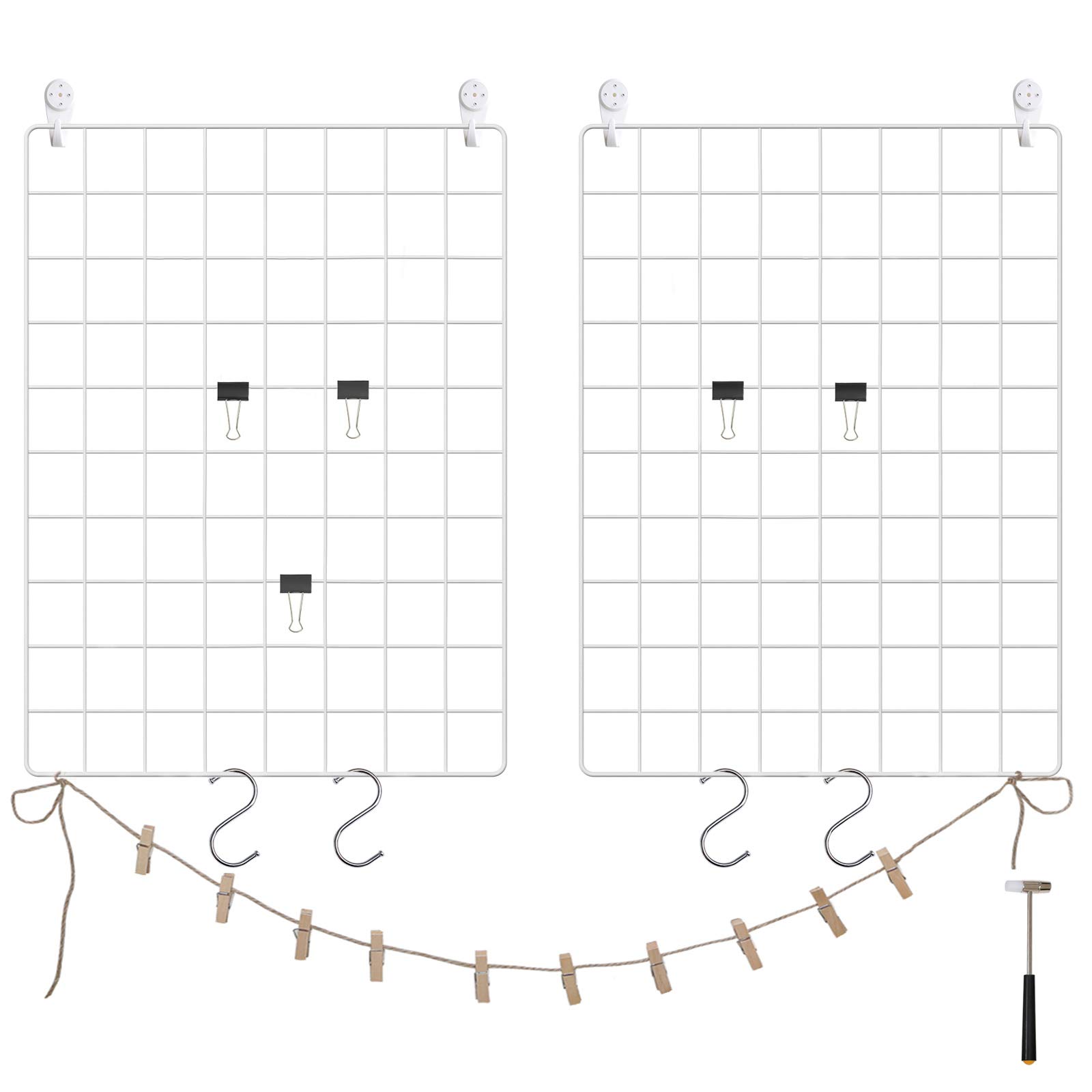 SONGMICS Grid Panels, Photo Wall Display, Metal Mesh Wall Decor, DIY, Hanging Picture Wall, S Hook, Clip, Hemp Cord, Set of 2, White LPP01W