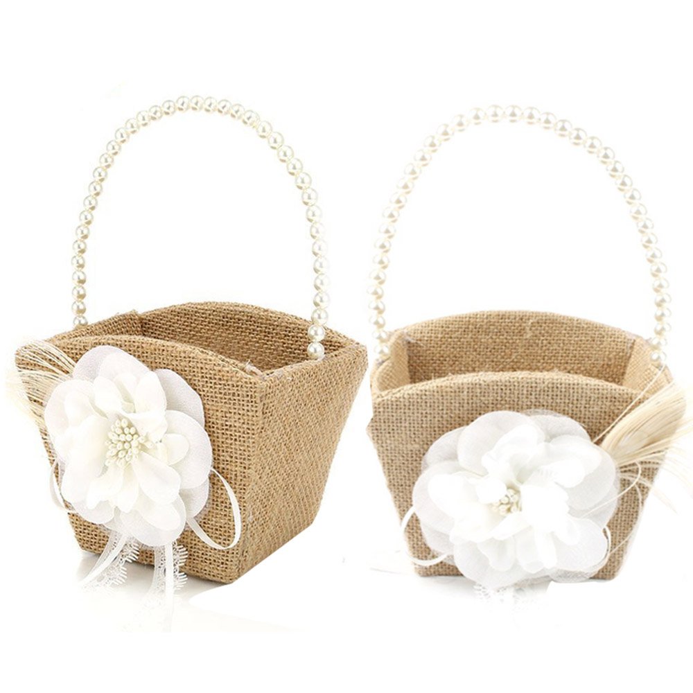 Awtlife 2pcs Rustic Burlap Wedding Flower Girl Basket Pearl Handle for Vintage Rustic Wedding Ceremony