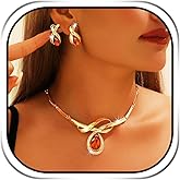JAKAWIN Gold Necklace and Earring Set Red Crystal Teardrop Wedding Jewelry for Women