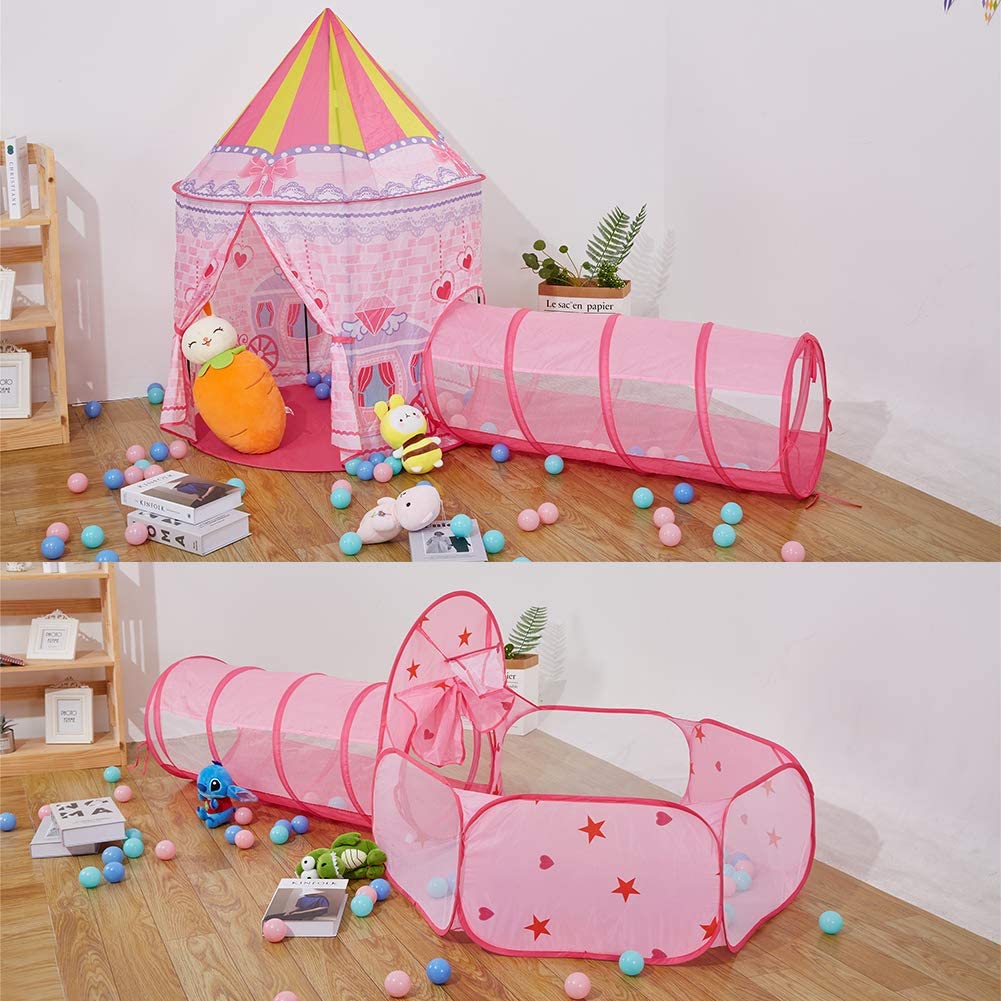LOJETON 3pc Princess Fairy Tale Kids Play Tent, Oval Crawl Tunnel, Ball Pit for Toddlers, Indoor Outdoor Playhouse Castle Toys, Baby Boys Girls for 3 4 5 6 7 Years Old (Balls Not Included)
