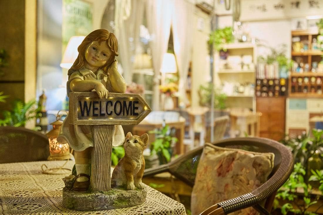 Outdoor Girl Garden Statue with Solar LED Lights, Children with Cat Statue Welcome Sign Garden Statues for Home Decor, Great for Porch, Patio, Yard Art Decorations, Cat Memorial Statues, Polyresin: Home Improvement