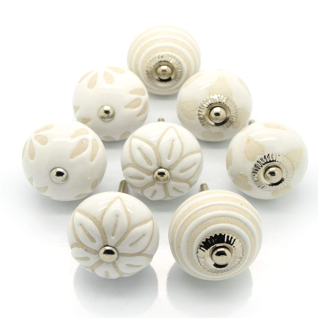 Pushka Home Set of 8 Ceramic Cream White Beige Cupboard Door Knobs . 40mm vintage style stencil handles mix. Suits doors up to 27mm. Supplied with silver fixings.