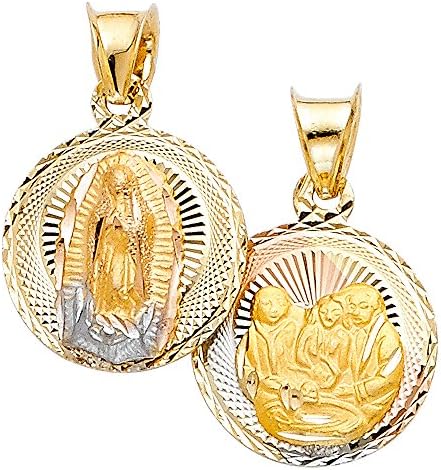 Ioka Jewelry - 14K Tri Color Gold Diamond Cut Double Side Stamp Virgin Mary Baptism Religious Charm Pendant For Necklace or Chain