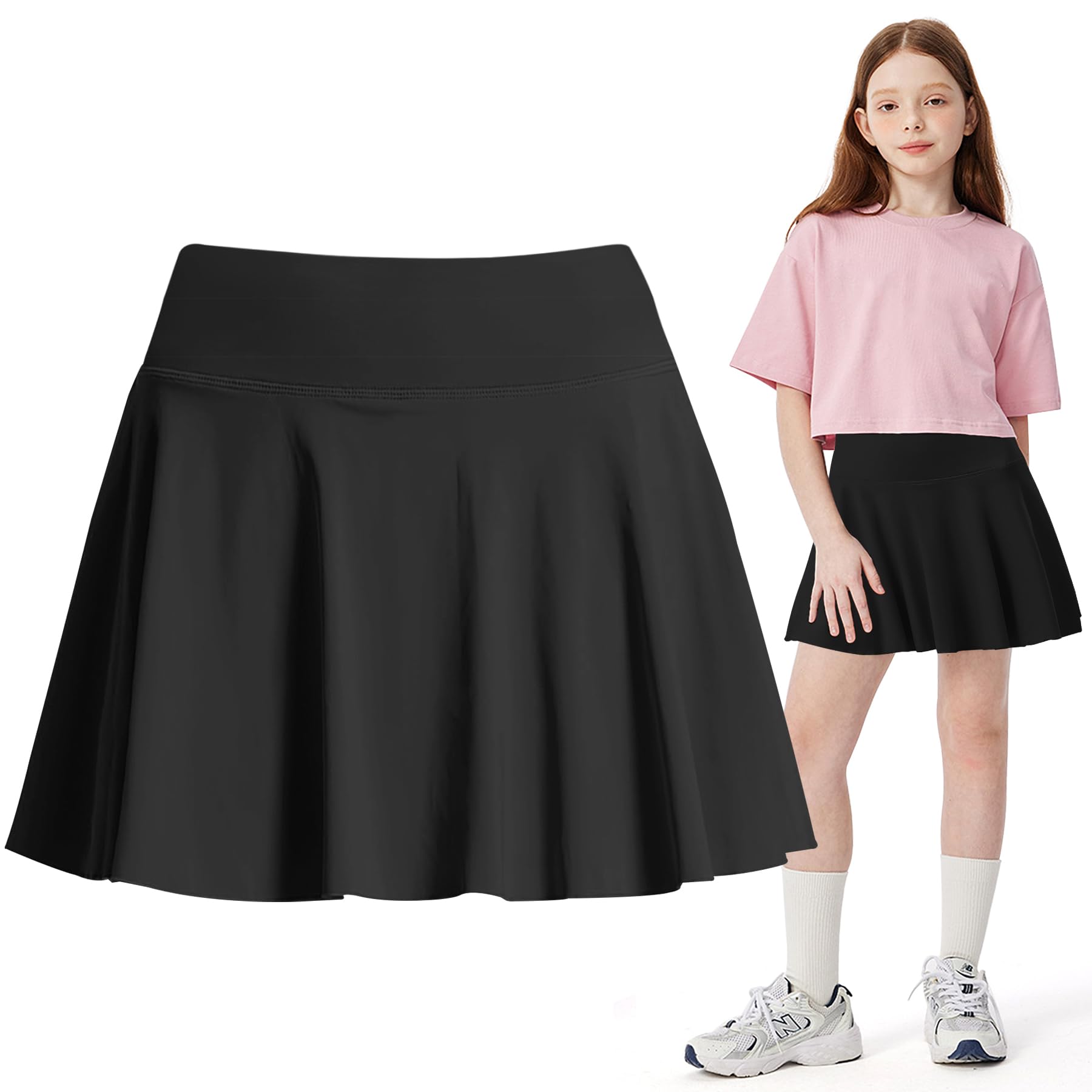 Photo 1 of ZukoCert Girls Athletic Skort, Tennis Skirt for Girls with Spandex Shorts, Lightweight Kids Black Tennis Skirts with Pockets size 130