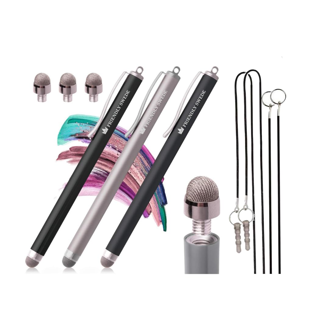 The Friendly Swede Mesh Tip Stylus Pen for Touchscreen — 3-Pack Micro-Knit Capacitive Stylus Pen for iPad & iPhone with 3 Replaceable Fiber Tips, Elastic Lanyards & Screen Cleaning Cloth