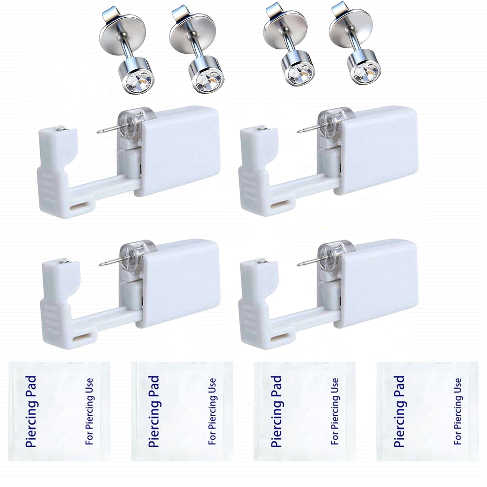 Kuesn 4 Pack Self Ear Piercing Gun Earring,Disposable Piercing Kit No Pain Easy Use Ear Piercing Gun Kit Tool with Stud and With Alcohol Pad (White)