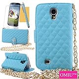 Galaxy S4 Case,OMIU(TM)Luxury Fashion Camellia Pendant Rhombus Handbag Metal Chain Style Superior Soft PU Leather Grid Purse Wallet Case Cover For Samsung Galaxy S4 i9500(Blue),Sent Screen Protector+Stylus+Cleaning Cloth