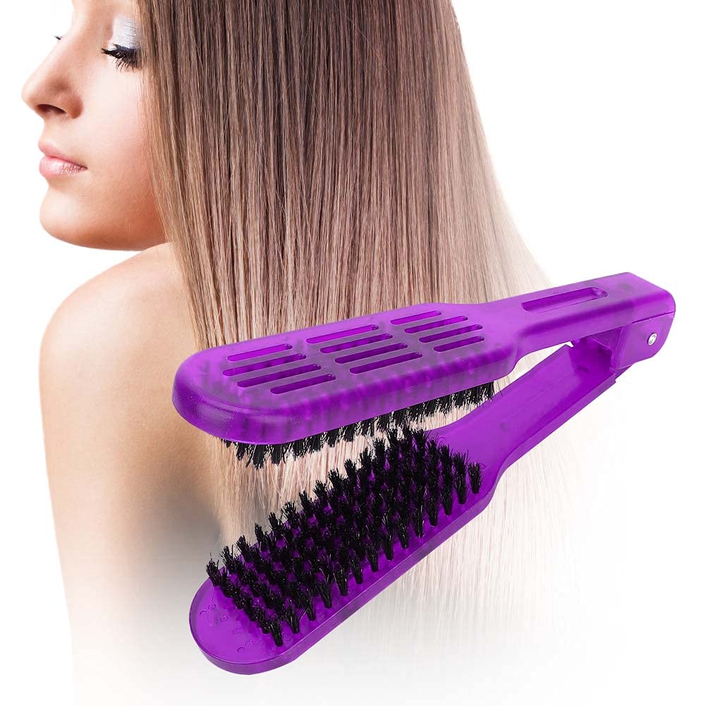 Double Smoothing Brush Hair Straightener Comb, Clamp Brush Piercing Skin Marker Brush Comb for Hair Straightener Plywood Comb Antistatic Styling Comb Hairdressing Tool Hair Straightening Comb(Violet)