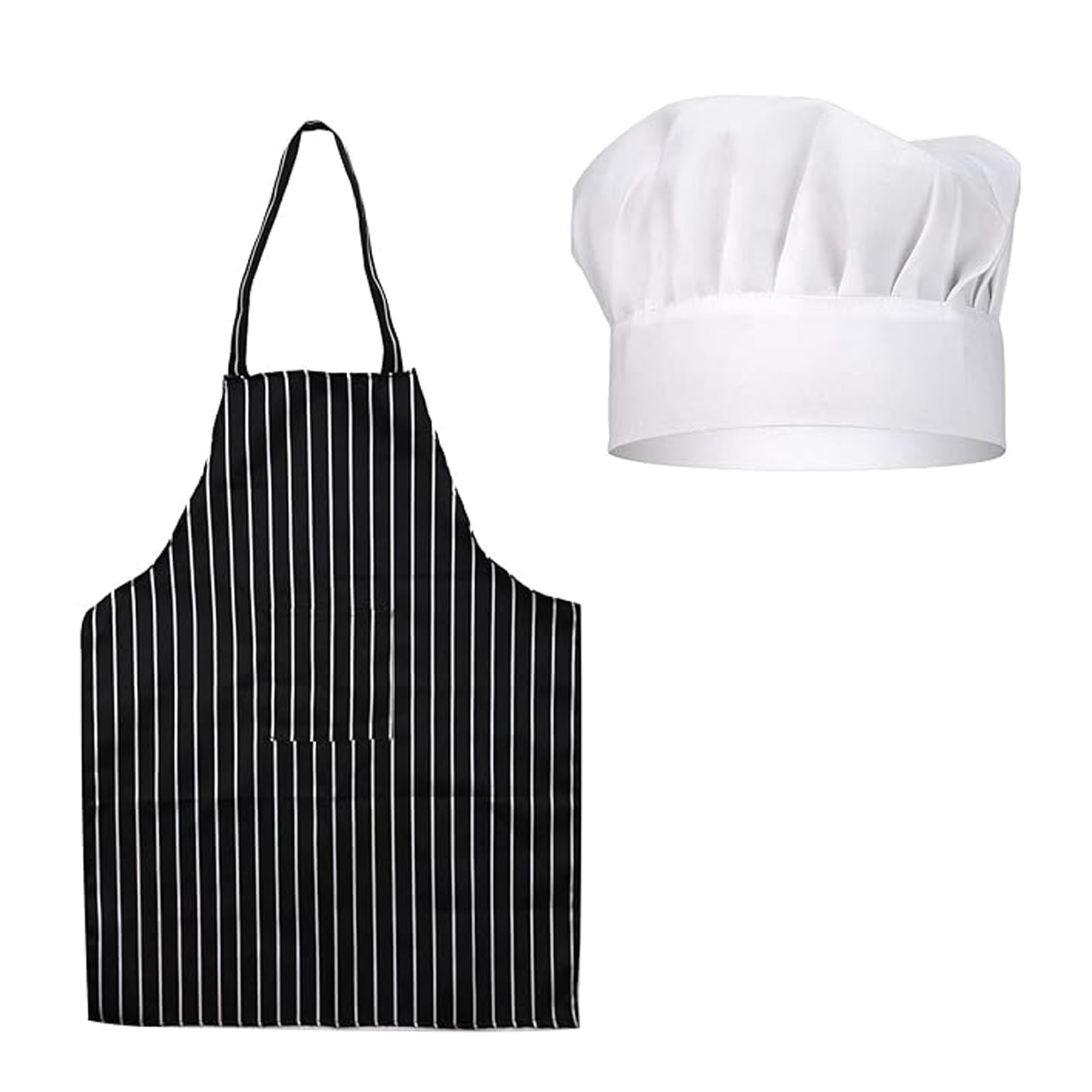 Hat Apron Set White Chef Hat Black and White Stripped Apron,Professional Chef Outfit Set Suitable for Home Kitchen, Restaurant,Gardening, Cafes House