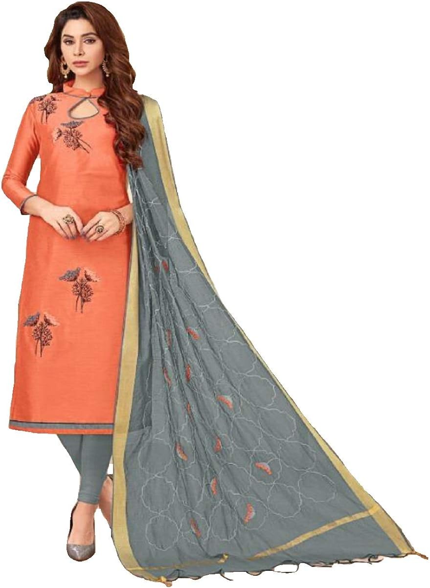 Monika Silk Mill Women's Cotton Light Green Color Embroidered Un Stitched Salwar Suit material with Dupatta