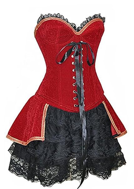 Halloween Sexy Romantik Burleske Vintage Vollbrust Corsage mit Passendem Rock Korsett Rot Kleid