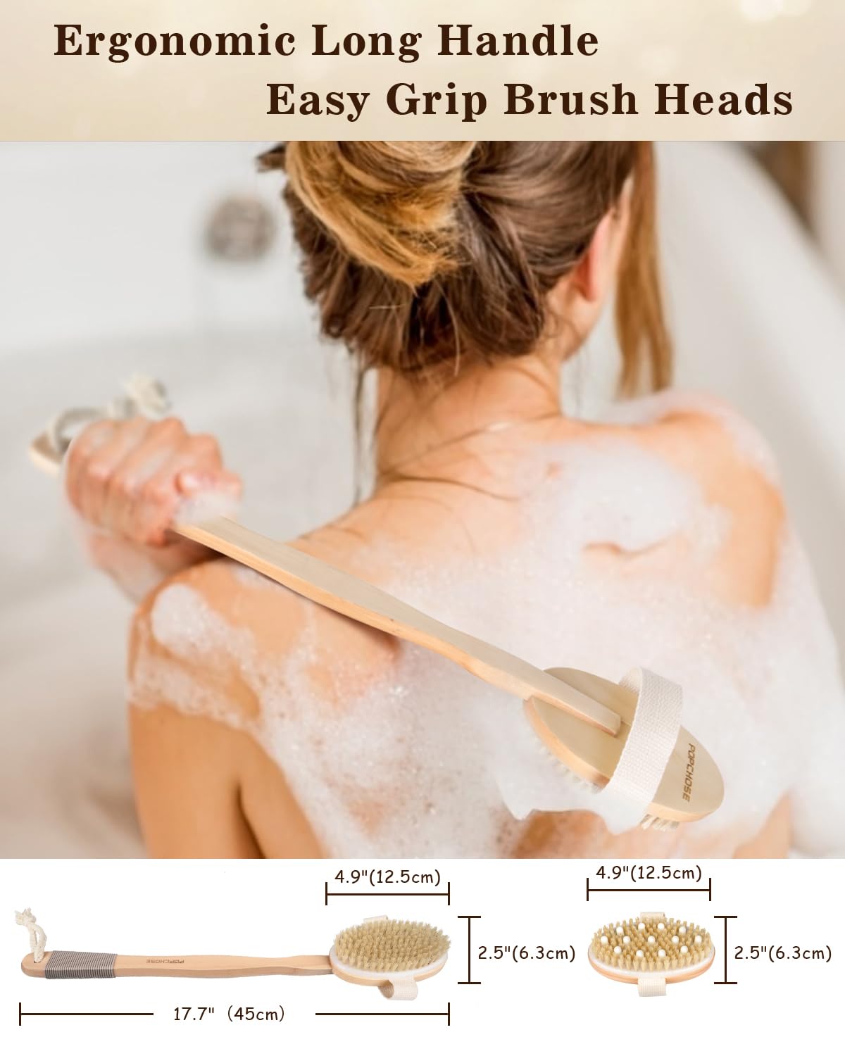 Dry Brushing Body Brush, POPCHOSE Body Scrubber for Men Women, Back Scrubber for Shower, Natural Bristle Exfoliator Scrubber for Body Cellulite and Lymphatic, Long Handle, Detachable, Dual Brush Heads