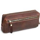 WONDERPOOL Pen Case Real Leather Pencil Pouch Markers Holder Big Capacity Bag with Side Zippered Pocket for Stationery Tool