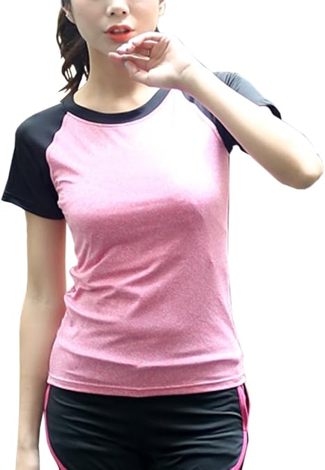 Amazon Gigant バイカラー プレミアム ヨガ Tシャツ 伸縮 ストレッチ ラグラン シャツ レディース フィットネスシャツ ピンクl フィットネス トレーニング シャツ 通販