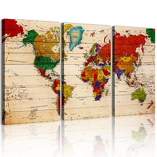 Large World Map Canvas Wall Art for Living Room Vintage Map of the ...