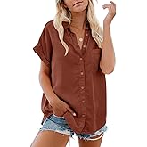 Womens Button Down Casual Shirts Cotton Short Sleeve Blouses Solid Summer Tops with Pocket