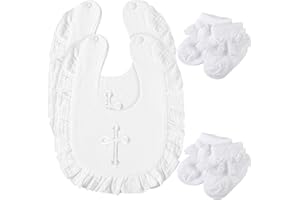 Lasnten 4 Pcs Baptism Outfit Gifts for Boys Girls, Baby Baptism Bib and Socks White Embroidered Cross Bib with Ruffles and Lace Socks Christening Gifts for Baby Infant Newborn