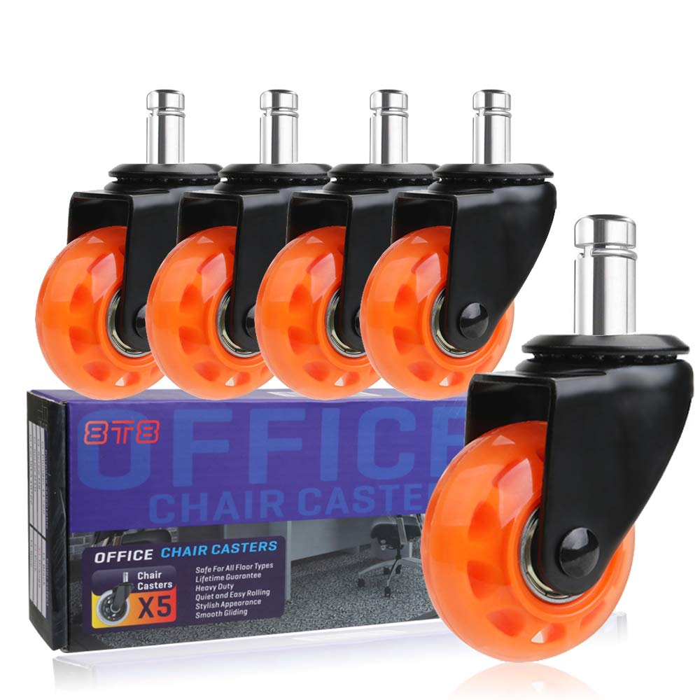 8T8 Upgrade Chair Caster Wheels 2'', Smooth and Quiet Rolling, Heavy Duty Replacement Office Computer Desk Chair Casters, Safe for Hardwood Tile Carpet Floors,No Chair Mat Needed(Orange, Set of 5): Automotive
