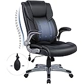 COLAMY High Back Executive Office Chair - Padded Leather Ergonomic Computer Desk Chair with Inflatable Lumbar Support & Flip-Up Arms, Adjustable Tilt Lock Swivel Task Chair for Home Office, Black
