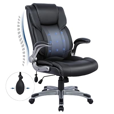 COLAMY High Back Executive Office Chair - Padded Leather Ergonomic Computer Desk Chair with Inflatable Lumbar Support & Flip-Up Arms, Adjustable Tilt Lock Swivel Task Chair for Home Office, Black