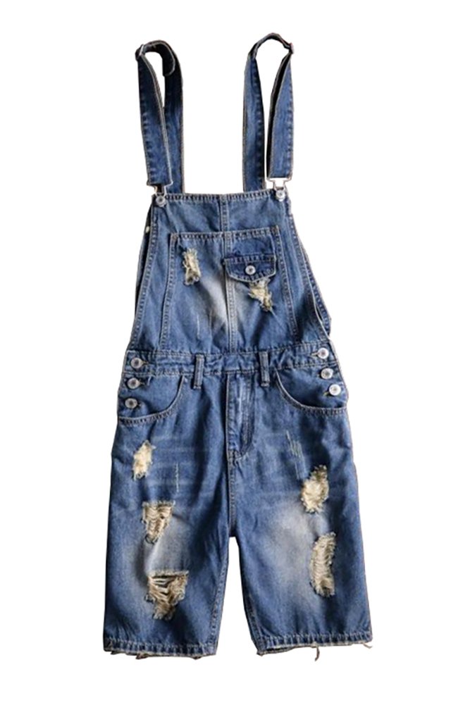 Men's Plus Size Knee Length Ripped Denim Bib Overalls Shorts • Denim Fit