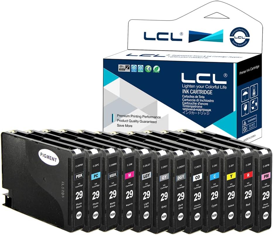 LCL PGI-29 (12-Pack CO PBK MBK DGY GY LGY C PC M R PM Y) Ink Cartridge Compatible for Canon PIXMA PRO-1, GI-29-12PACK, Regular Capacity