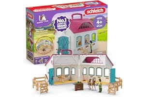 Schleich Horse Club - 60PC Little Horseshoe Open Stable Playset - Easy Carry Set with 2 Horse Figurines, Action Figure, Stable and Accessories - Toy Horses for Girls and Boys - Kids Ages 5+ | 42703