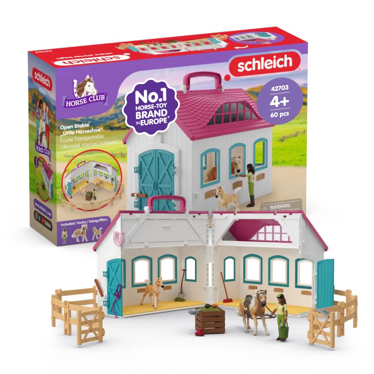 Schleich Horse Club - 60PC Little Horseshoe Open Stable Playset - Easy Carry Set with 2 Horse Figurines, Action Figure, Stable and Accessories - Toy Horses for Girls and Boys - Kids Ages 4+ | 42703 Image