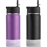 koodee 2 Pack Water Bottle with Straw 18 oz Stainless Steel Double Wall Insulated Water Bottle with Sleeve, BPA Free (Purple-Black)