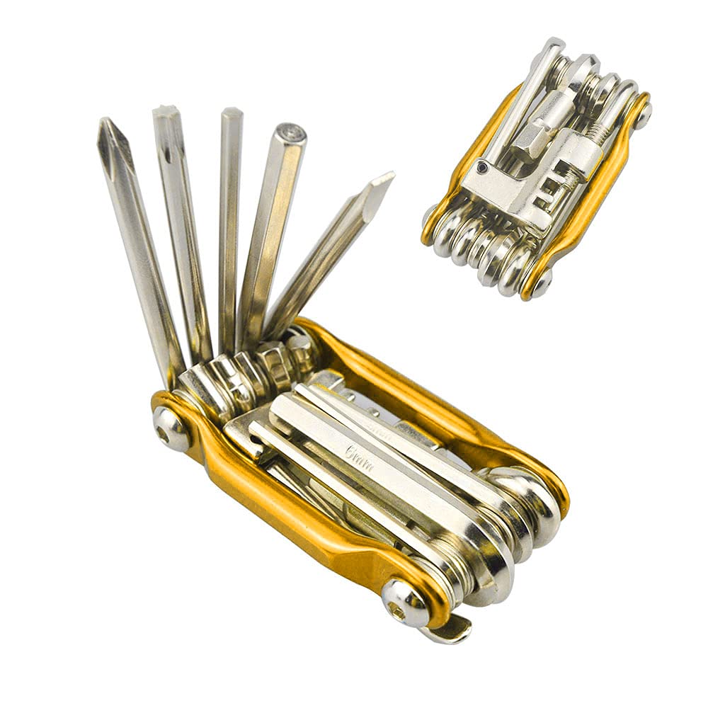 QitinDasen Premium 11 in 1 Multifunctional Bike Tool, Portable Foldable Bicycle Tool, Mini Stainless-Steel Bike Repair & Maintenance Tool Kit (Golden)