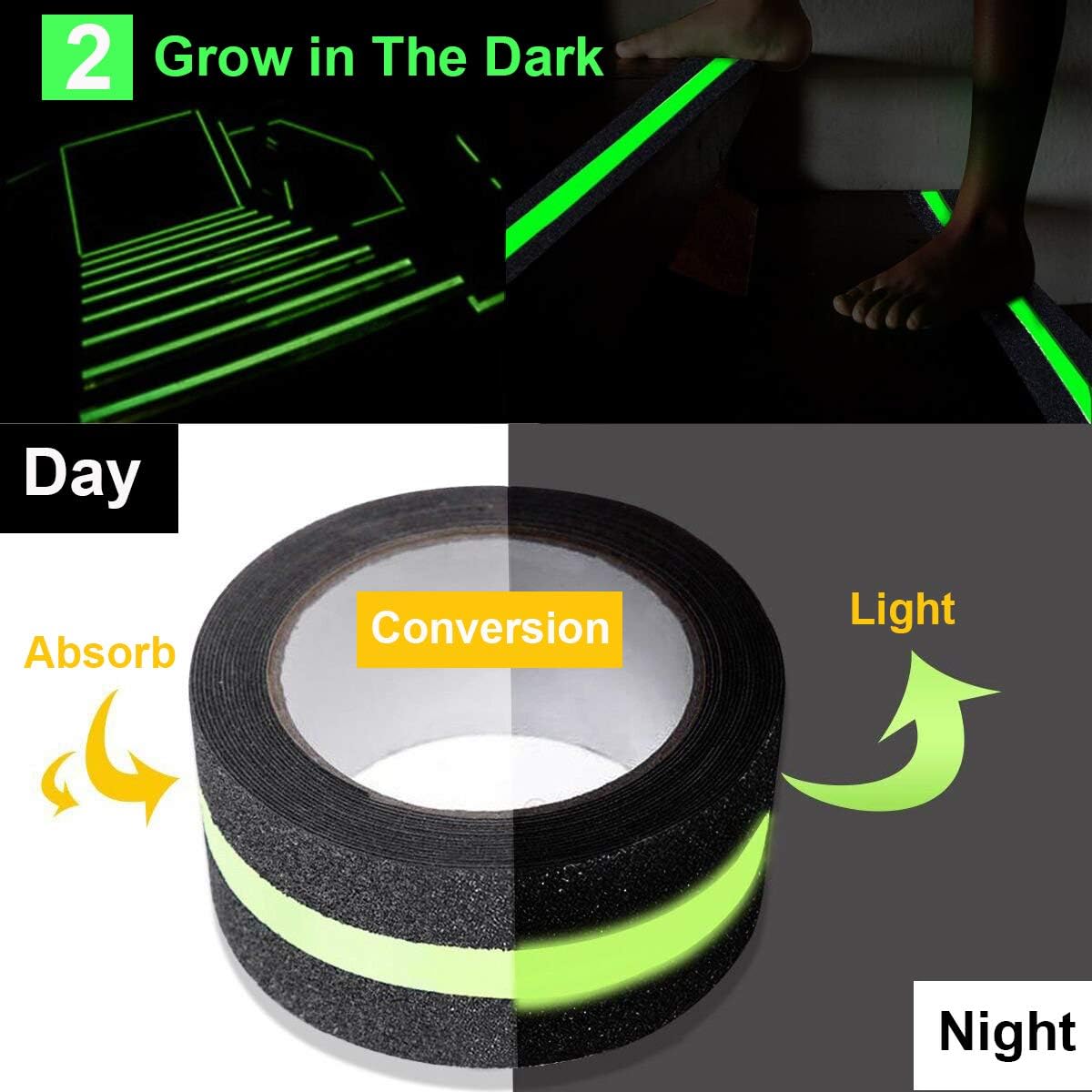 Anti Slip Safety Grip Tape 2inx30ft Green Glowing in The Dark Non Skid Stage Safety Tape High Traction Grit Stairs Tape Hazard Caution Warning Tape for Steps (2"×30', Green&Black): Home Improvement