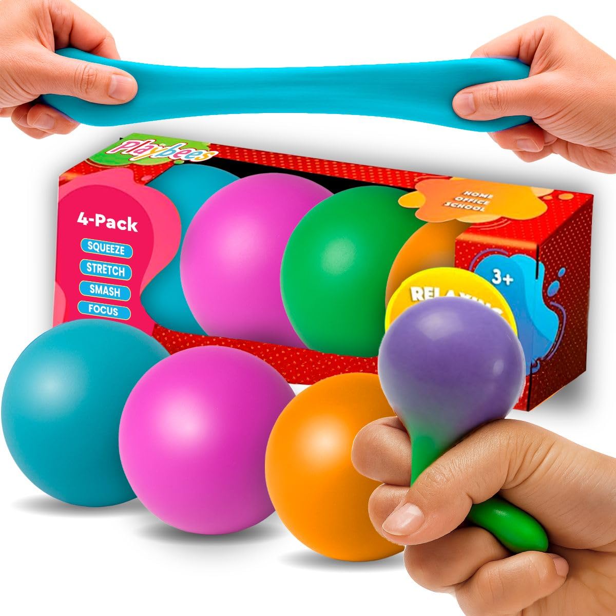 Playbees Pull, Stretch & Squeeze Stress Balls – 4 Balls – Elastic Sensory Balls for Stress & Anxiety Relief – Calming Fidgets for Kids & Adults – Assorted Color Balls for Autism, ADHD & Classroom Use