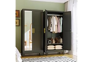 RISTERN RIETERN Metal Armoire Wardrobe Closet, 71" Tall Bedroom Closet with Mirror, Adjustable Shelves, and Hanging Rod, Steel Clothes Closets and Storage, for Bedroom Black