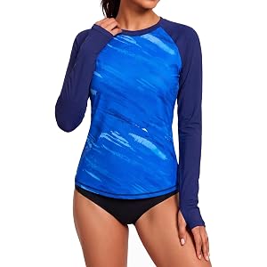 Womens Long Sleeve Quick Dry Rash Guard Swim Shirts with Thumb Hole | UPF 50+ Sun Protection, Stretchy Fabric, Running, surfi