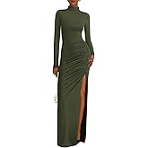 BTFBM Formal Dresses for Women 2026 Spring Long Sleeve Mock Neck Ruched Bodycon Slit Maxi Wedding Guest Dress Cocktail