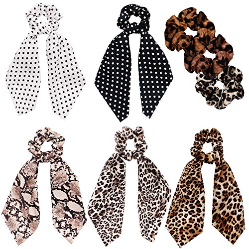 Scarf Scrunchies Women Hair Ties - Satin Silk Hair Scarves Scrunchys Bow Leopard Ribbon Scrunchy with Tails For Thick Hair No Crease Accessories Soft Ropes Ponytail Holder with Designs Long Ponytail H - Thumbnail 7