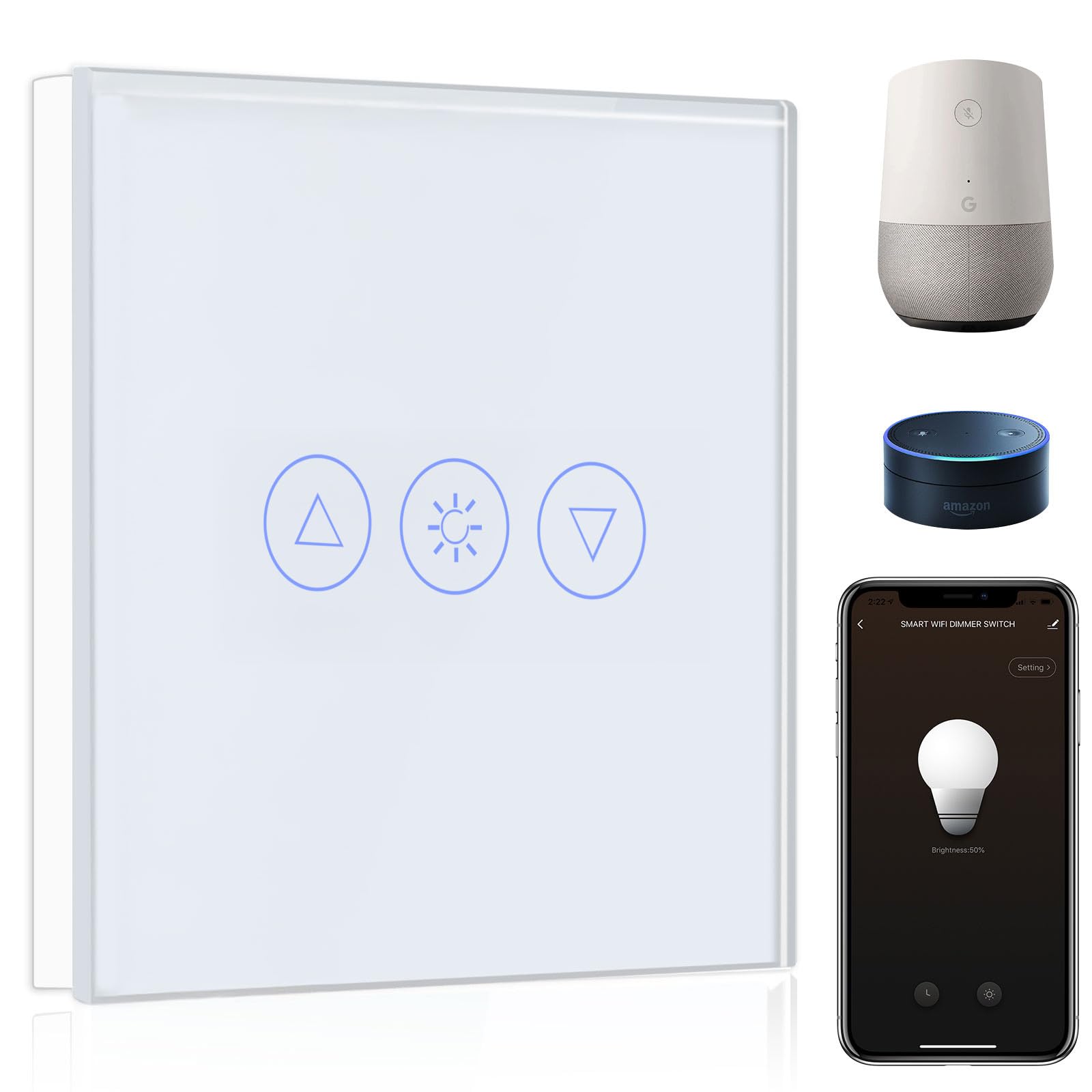 BSEED Smart Dimmer Switch 1 Gang 1 Way, WiFi Dimmer Switch Compatible with Alexa and Google Home, Smart Light Switch White with Smart Life APP Control 2.4Ghz (Neutral Wire Required)