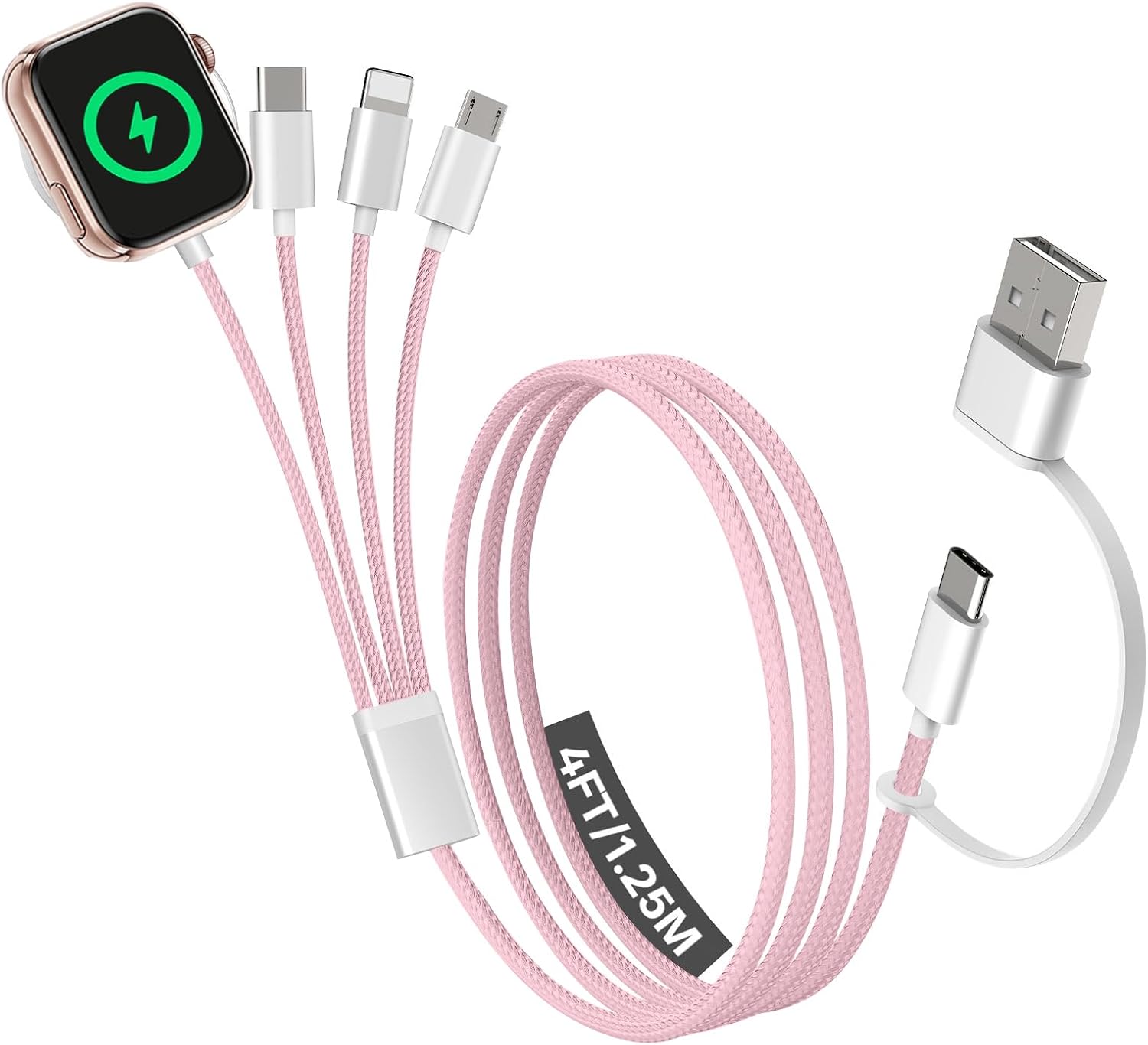 Charger for Apple Watch, 4 in 2 Travel Essential Multi Charging Cable for Phone, USB C Cable Cord for iPhone 17-11/iWatch Ultra/10-2/Galaxy S25-S20, Android Phones, Kindle, MP3-Pink,4FT