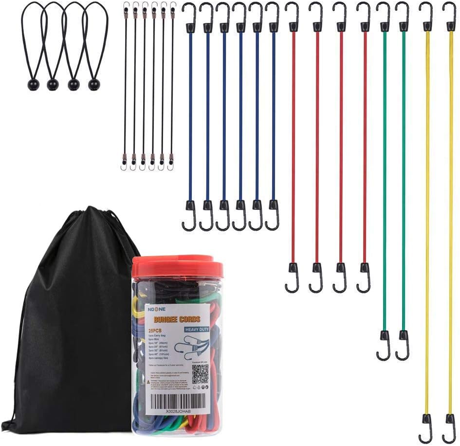 NoOne 25 pcs Heavy Duty Bungee Cords with Hooks in Jar, 100% Latex Core Elastic Strong Bungie Straps Set Assortment with a Drawstring 1416 inches Organizer Bag: Automotive