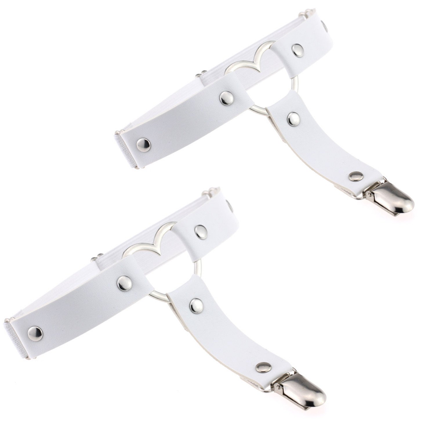 Outman 2 Pcs Adjustable Elastic Thigh Garter Belts Punk Gothic Heart Leg Garter with Metal Clip, White, Adjustable