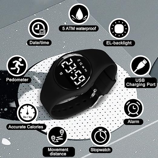 YOOJ® Kids Digital Watch for Boys and Girls, Rechargeable Sports Watch with Fitness Tracker, Pedometer, Alarm Clocks, Stopwatch, No App Needed & Waterproof Watch, Gift for Kids, Ages 5-15