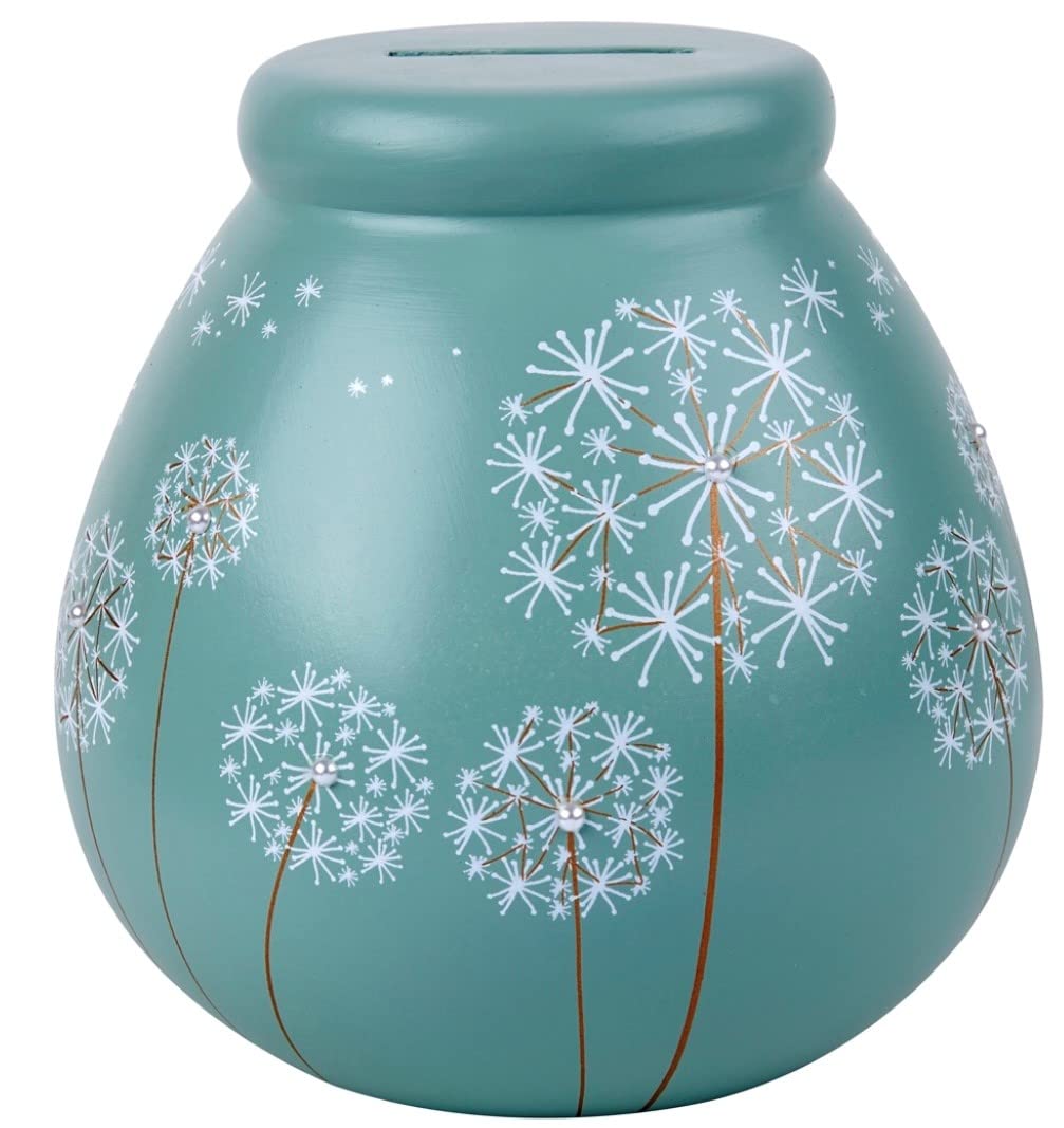 Pot of Dreams White Dandelion Flowers Save And Smash Teal Color Ceramic Money Box Piggy Bank | Perfect Decorative Gift for Centrepiece living room & Bedroom