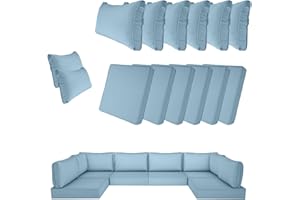 SpaceHop 14 Piece Outdoor Patio Cushion Cover Replacement, Waterproof Patio Cushion Covers, Outdoor Furniture Cushion Covers Set for 6 Seat Wicker Rattan Sofa (Light Blue)