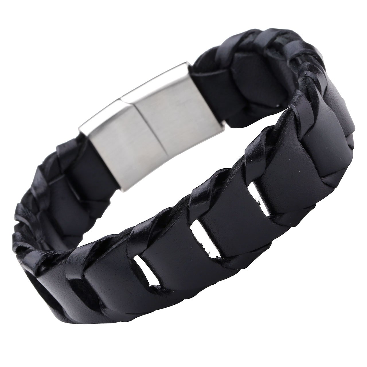 PiercingJ - Bijoux Bracelet Leather Cuir Veritable Large Tresse Coupe Croise avec Fermoir Acier Inoxydable Lien Poignet Manchette Biker Motard Chaine de Main Femme Homme - Noir